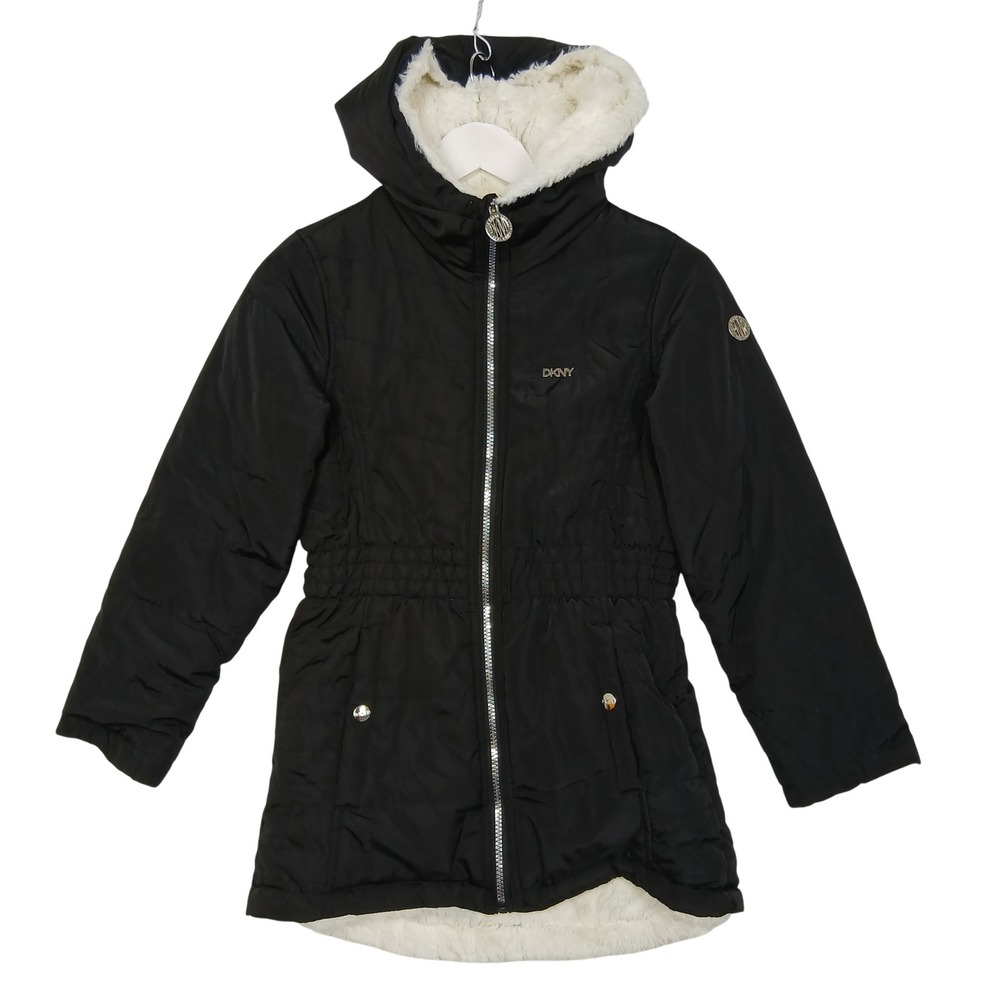 DKNY Women's Reversible Hooded Parka Black Cream Faux Fur Jacket